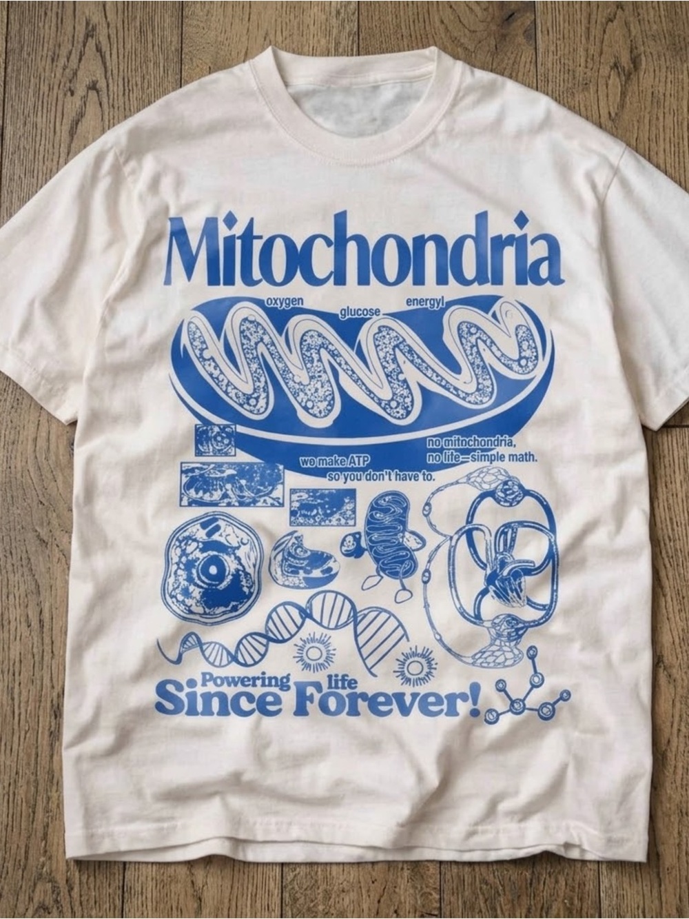 Gildan White Short Sleeve Tee with Blue Mitochondria Graphic